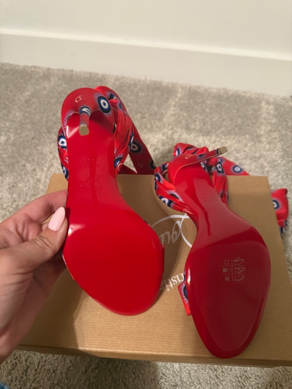 Christian Louboutin Red Satin Eye-Print Stiletto Sandals with Ankle Tie - Picture 3 of 6